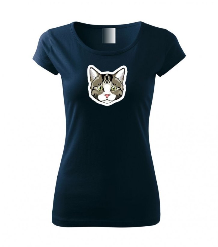 Dámské tričko - Kočka mourovatá s bílou - Barva: Námořní modrá