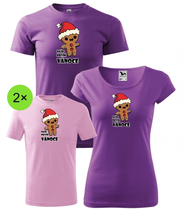 Rodinný set - 4x Tričko - Perníček - Naše první Vánoce