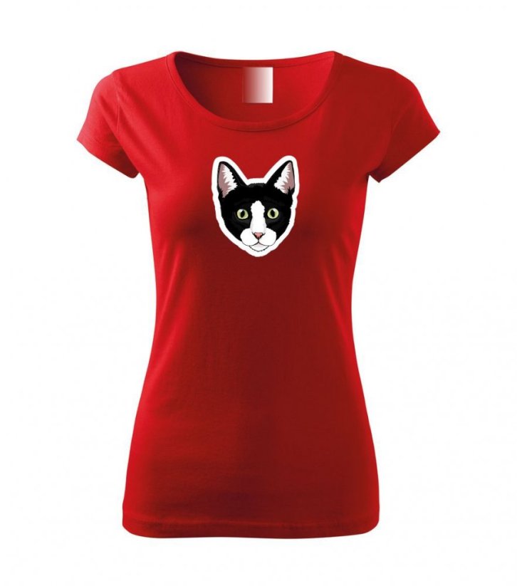 Dámské tričko - Kočka černo-bílá - Barva: Červená
